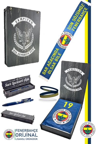 Fenerbahçe Orijinal Son Sözümüz Fener Şal Atkı Bileklik ve Uçlu Kalem Set Kanarya Baskı Ahşap Kutu ürün görseli