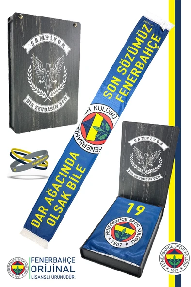 Fenerbahçe Orijinal Son Sözümüz Fenerbahçe Şal Atkı ve Bileklik Set Kanarya Baskılı Ahşap Kutulu