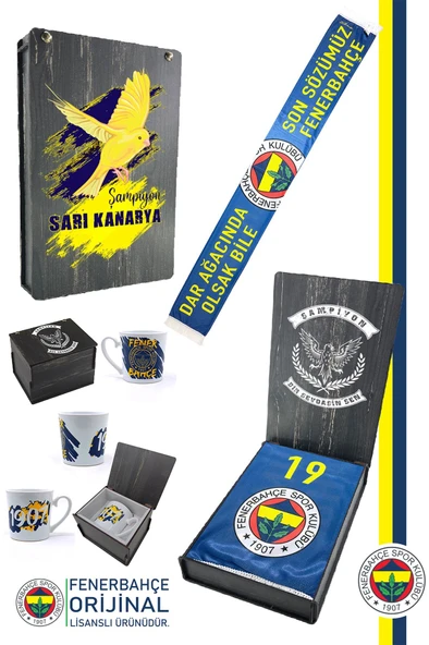 Fenerbahçe Orijinal Son Sözümüz Fenerbahçe Şal Atkı Seramik Kupa Set Kanarya Baskılı Ahşap Kutulu