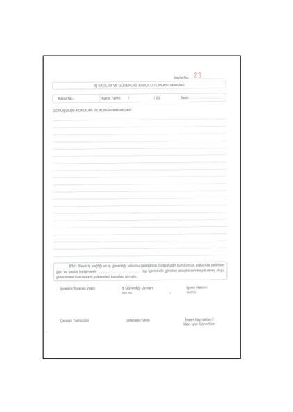 Yumuşak kapak 20x27 İŞ SAĞLIĞI ve GÜVENLİĞİ KURULU KARAR DEFTERİ (NUMARALI 3.Nüsa 50yaprak) - Resim 2