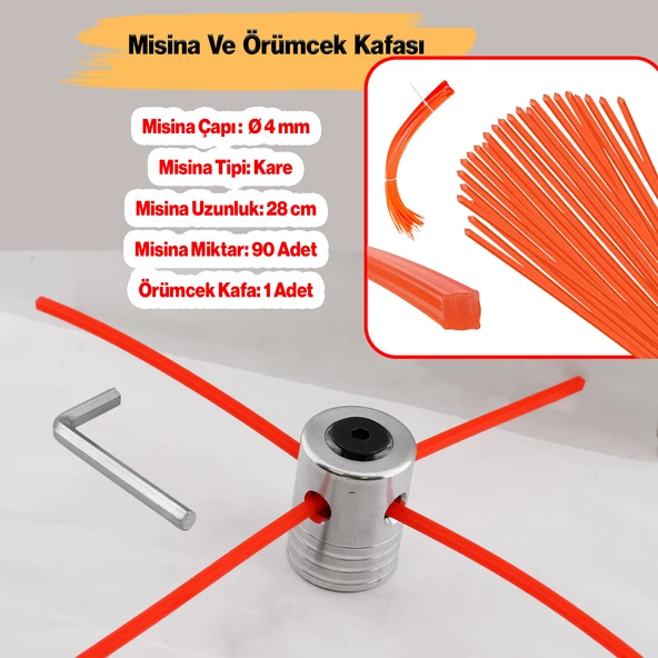 Hazır Kesilmiş Kare Misina ve Misina Başlığı Tırpan Çim Biçme Örümcek Kafa Yan Tırpan Uyumlu Metal
