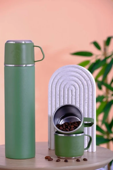 304 Paslanmaz Çelik 3 Bardaklı Termos Seti  Çay Kahve Piknik Kamp Yeşil - 2