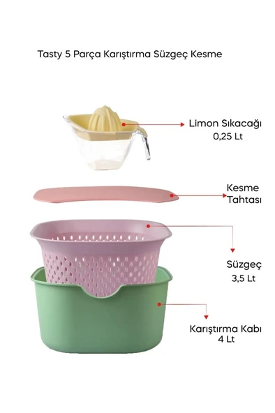 Tasty 5 Prç. Çok Amaçlı Karıştırma Kabı Süzgeç Kesme Tahtası Hazırlık Seti - 5