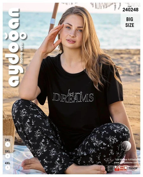 Aydoğan Kadın Battal Boy Siyah Viskon Kısa Kollu Pijama Takımı 240248
