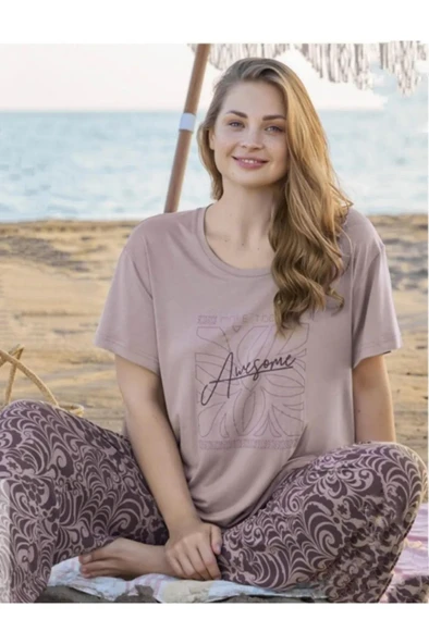 Aydoğan Kadın Battal Boy Gulkurusu Viskon Kısa Kollu Pijama Takımı 240253