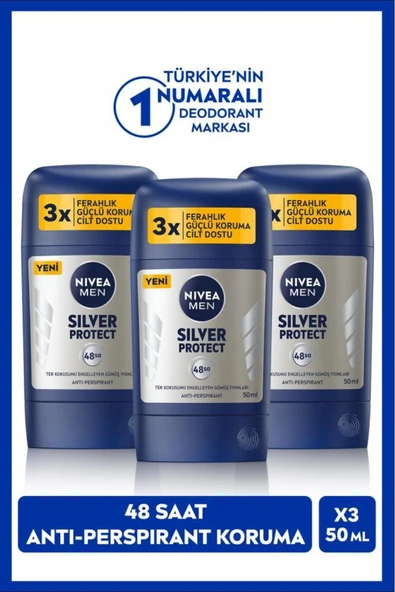 MEN Erkek Stick Deodorant Silver Protect 50ml, 48 Saat Koruma, X3 Adet