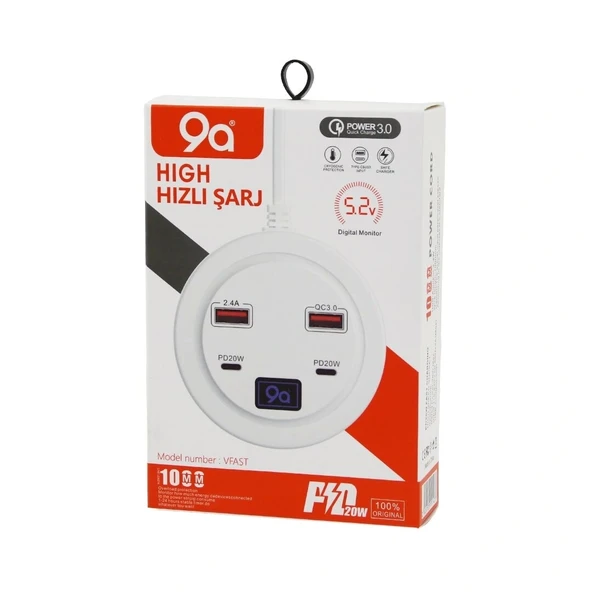HIGH POWER 3.0  VFAST KY-100  ÇOKLU= 4 LÜ   HIZLI  ŞARJ SETİ  2AD -PD20W=TYPE-C  - 2.1A + QC3.0= USB  2.4W (5047)