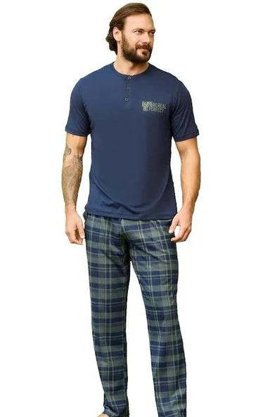 Aydoğan Erkek Mavi %100 Pamuklu Kısa Kollu Pijama Takımı 240336