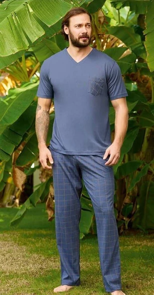 Aydoğan Erkek Mavi %100 Pamuklu Kısa Kollu Pijama Takımı 240337 - 5