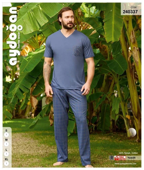 Aydoğan Erkek Mavi %100 Pamuklu Kısa Kollu Pijama Takımı 240337