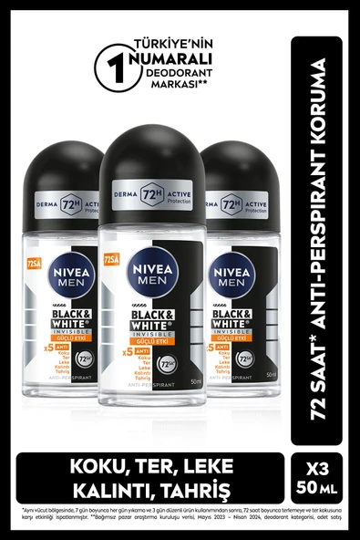 MEN Erkek Roll-on Deodorant Black&White Invisible Güçlü Etki 50ml, 72 Saat Anti-perspirant, X3 Adet