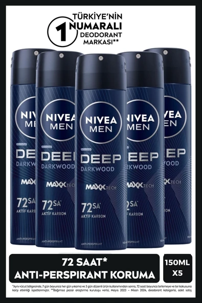 MEN Erkek Sprey Deodorant Deep Dimension Aktif Karbon 150ml, 72 Saat Anti-perspirant Koruma, X5 Adet