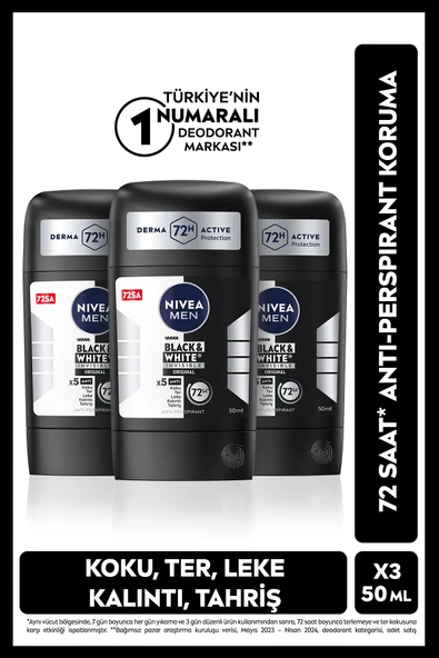 MEN Erkek Stick Deodorant Black&White Invisible Original 50ml, 72Saat Anti-perspirant Koruma, X3Adet