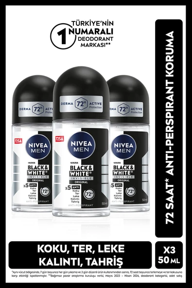MEN Erkek Roll-on Deodorant Black&White Invisible Original 50ml, 72 Saat Anti-perspirant, X3 AdetSet