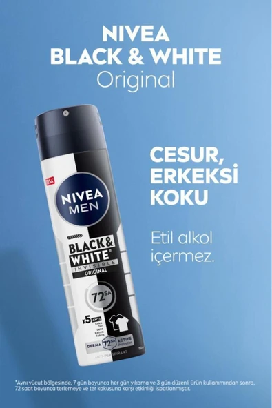 MEN Erkek Sprey Deodorant Black&White Invisible Original 150ml,72 Saat Anti-Perspirant,X3 Adet - 5