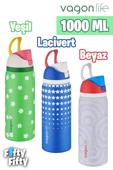 Vagonlife 1000 ML Tek Kapak Çift Kullanım Pipetli/Pipetsiz Taşıma Kulplu Çelik Termos -FFVGN045ML1000Desenli