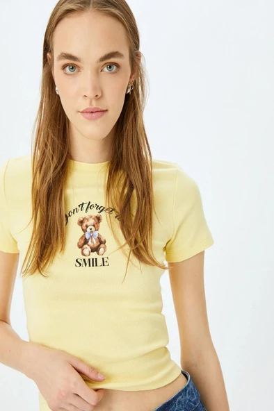 Koton Ayı Baskılı Kısa Kollu Bisiklet Yaka Slim Fit Tişört