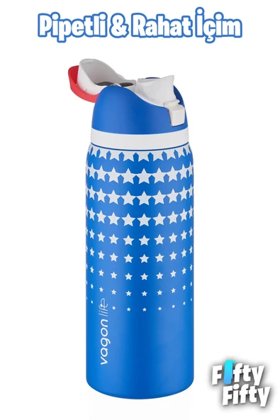 Vagonlife 1000 ML Tek Kapak Çift Kullanım Pipetli/Pipetsiz Taşıma Kulplu Çelik Termos -FFVGN045ML1000Desenli - 4