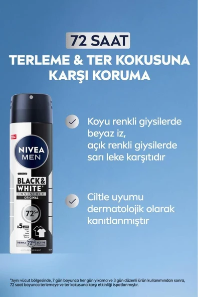 MEN Erkek Sprey Deodorant Black&White Invisible Original 150ml,72 Saat Anti-Perspirant,X3 Adet - 4