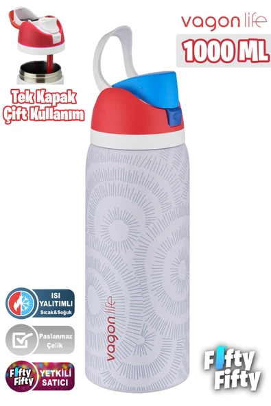 Vagonlife 1000 ML Tek Kapak Çift Kullanım Pipetli/Pipetsiz Taşıma Kulplu Çelik Termos -FFVGN045ML1000Desenli - 12