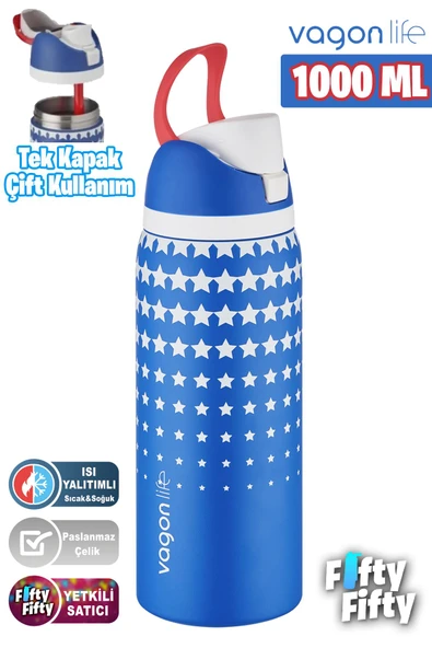 Vagonlife 1000 ML Tek Kapak Çift Kullanım Pipetli/Pipetsiz Taşıma Kulplu Çelik Termos -FFVGN045ML1000Desenli - 2