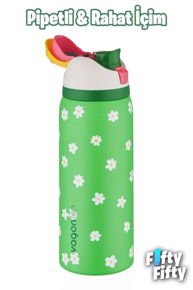 Vagonlife 1000 ML Tek Kapak Çift Kullanım Pipetli/Pipetsiz Taşıma Kulplu Çelik Termos -FFVGN045ML1000Desenli - 9