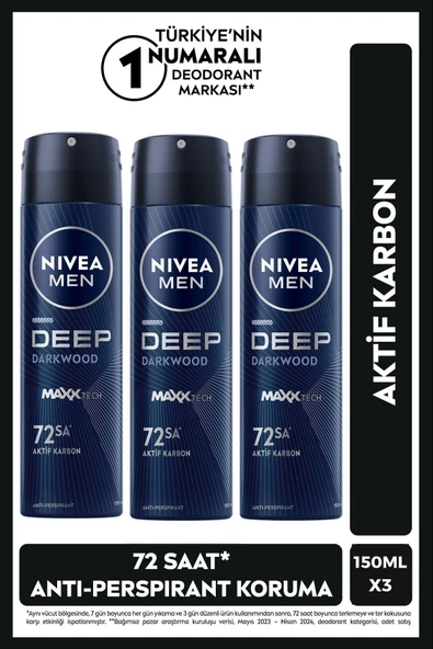 MEN Erkek Sprey Deodorant Deep Dimension Aktif Karbon 150ml, 72 Saat Anti-perspirant Koruma, X3 Adet