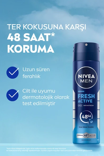 MEN Erkek Sprey Deodorant Fresh Active 150ml, Ter Kokusuna Karşı 48 Saat Koruma, Pudrasız, X3 Adet - 3