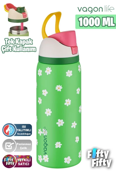 Vagonlife 1000 ML Tek Kapak Çift Kullanım Pipetli/Pipetsiz Taşıma Kulplu Çelik Termos -FFVGN045ML1000Desenli - 7