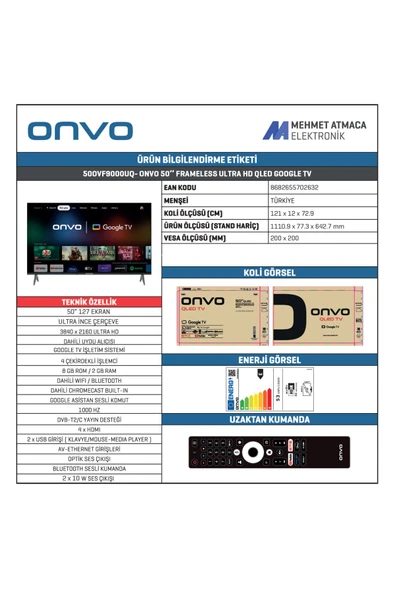 Onvo 50OVF9000UQ 4K Ultra HD 50" 127 Ekran Uydu Alıcılı Google Smart QLED TV - 3