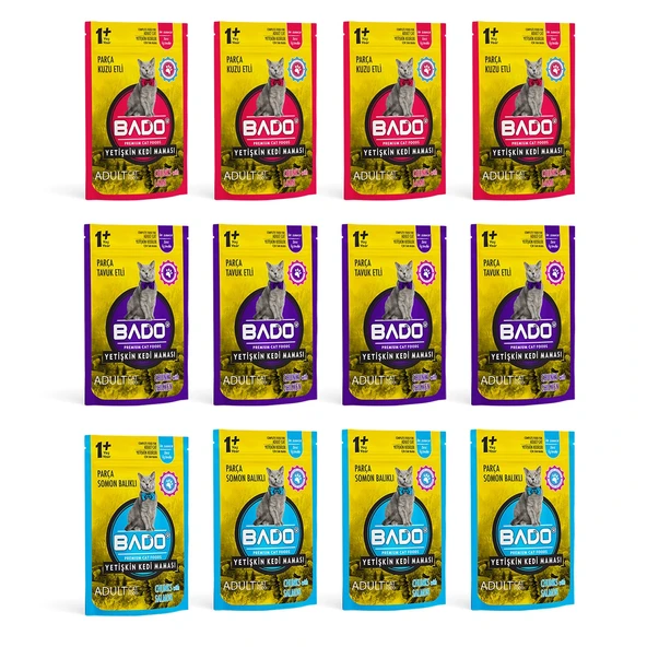 Bado Yaş Kedi Maması 85 gr 12 li Karma Paket (Kuzu-Tavuk-Somon)