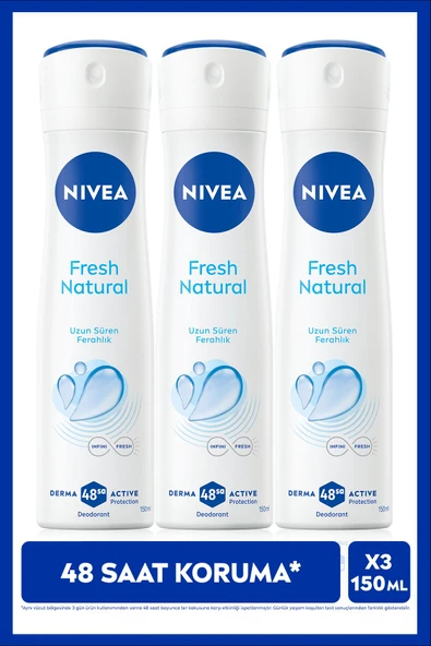 Kadın Sprey Deodorant Fresh Natural 150ml, Ter Kokusuna Karşı 48 Saat Koruma, Ferahlık, X3 Adet