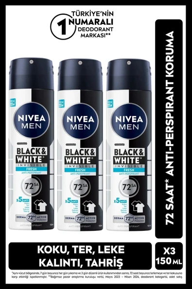 MEN Erkek Sprey Deodorant Black & White Invisible Fresh 150ml, 72 Saat Anti-perspirant, X3 Adet