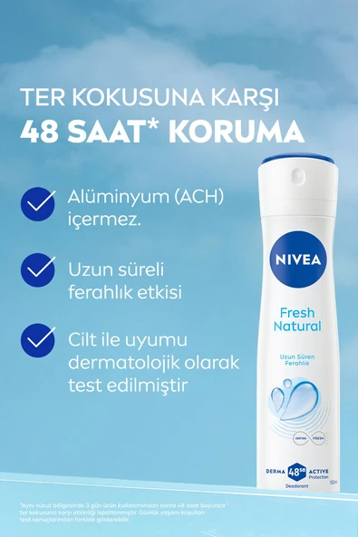 Kadın Sprey Deodorant Fresh Natural 150ml, Ter Kokusuna Karşı 48 Saat Koruma, Ferahlık, X5 Adet - 3