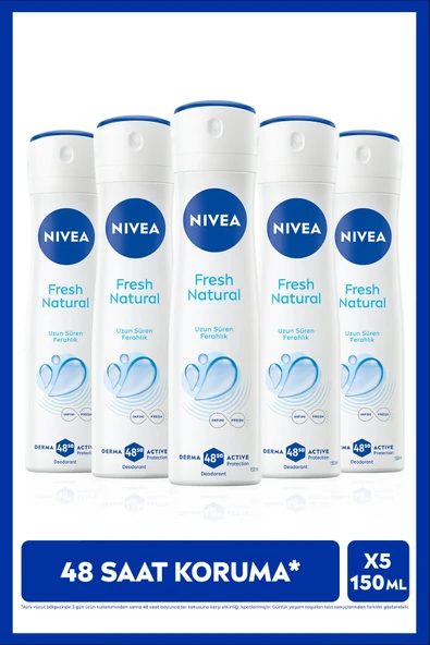 Kadın Sprey Deodorant Fresh Natural 150ml, Ter Kokusuna Karşı 48 Saat Koruma, Ferahlık, X5 Adet