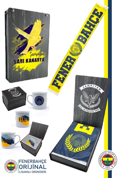 Fenerbahçe Orijinal Established 1907 Fenerbahçe Şal Atkı Seramik Kupa Set Kanarya Baskı Ahşap Kutu