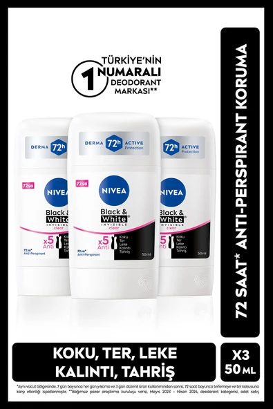 Kadın Stick Deodorant Black&White Invisible Clear 50ml, 72 Saat Anti-perspirant Ter Koruma, X3 Adet