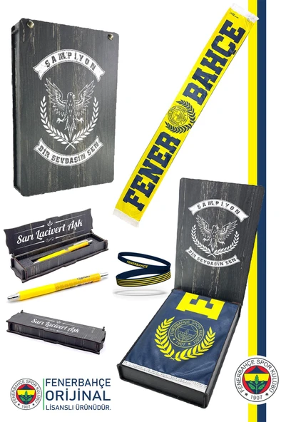 Fenerbahçe Orijinal Established 1907 Şal Atkı Bileklik ve Uçlu Kalem Set Kanarya Baskılı Ahşap Kutu