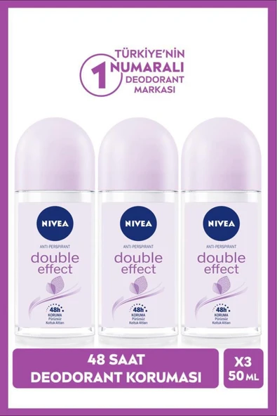 Kadın Roll-on Deodorant Double Effect 50ml, Ter Kokusuna Karşı 48 Saat Koruma, X3 Adet