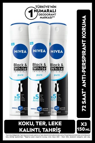 Kadın Sprey Deodorant Black&White Invisible Pure 150ml, 72 Saat Anti-perspirant Ter Koruma, X3 Adet