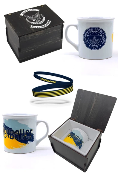 Fenerbahçe Orijinal Kupa Mug Bileklik Set Özel Ahşap Kutulu