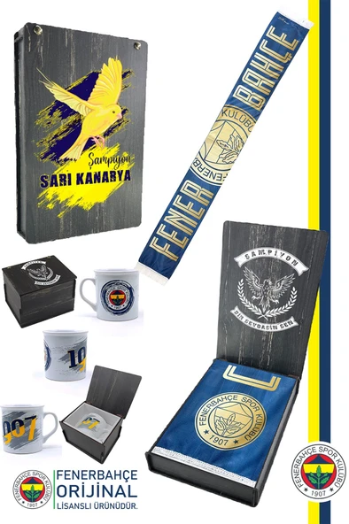 Fenerbahçe Orijinal Canım Feda Olsun Fenerbahçe Şal Atkı Seramik Kupa Set Kanarya Baskı Ahşap Kutu