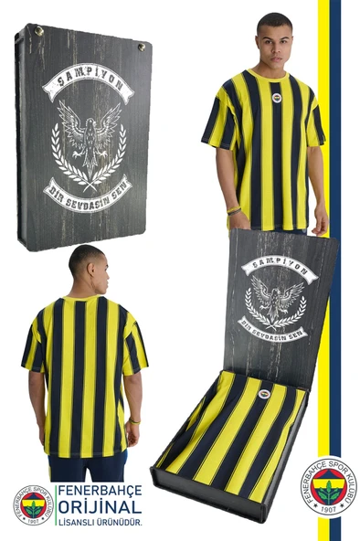 Fenerbahçe Orijinal Lisanslı Sarı Lacivert Çubuklu Erkek T-Shirt Hediyelik Ahşap Kutulu