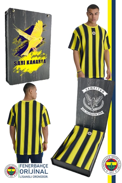 Fenerbahçe Orijinal Lisanslı Sarı Lacivert Çubuklu Erkek T-Shirt Hediyelik Ahşap Kutulu