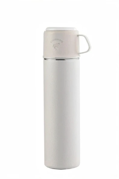 304 Paslanmaz Çelik 3 Bardaklı Termos Seti  Çay Kahve Piknik Kamp Krem - 3