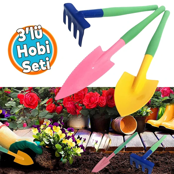 Küçük Hobi Set 3'lü Çapa Tırmık Metal Bahçe Tarla Çim Peyzaj Bitki Çiçek Ekme Toprak İşleme Küreği