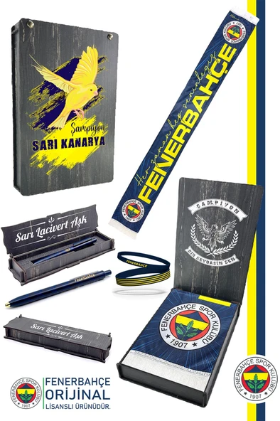 Fenerbahçe Orijinal Her Zaman Hep Seninleyiz Şal Atkı Bileklik, Kalem Set Kanarya Baskı Ahşap Kutu ürün görseli 1