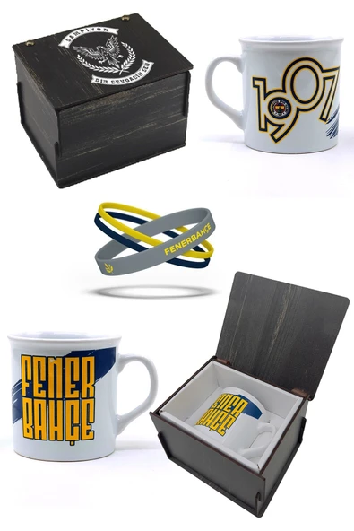 Fenerbahçe Orijinal Kupa Mug Bileklik Set Özel Ahşap Kutulu