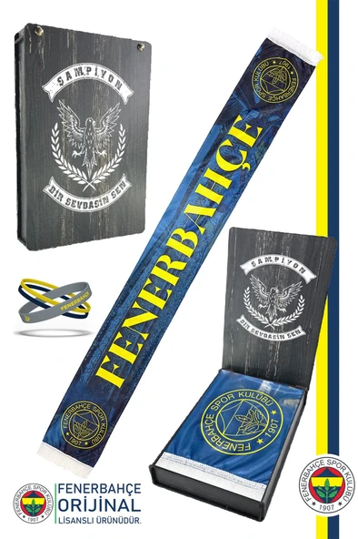 Fenerbahçe Orijinal Bir Şarkısın Sen Fenerbahçe Şal Atkı ve Bileklik Set Kanarya Baskılı Ahşap Kutu