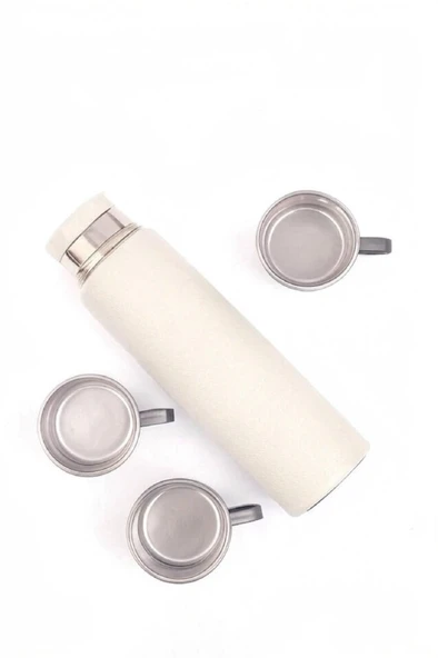 304 Paslanmaz Çelik 3 Bardaklı Termos Seti  Çay Kahve Piknik Kamp Krem - 2